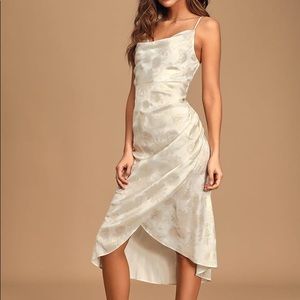 Lulus Garden Walks White and Gold Floral Print Midi Slip Dress